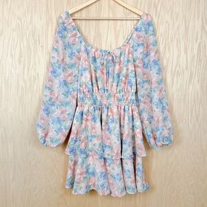 ARULA Floral Chiffon Tiered Long Sleeve Dress